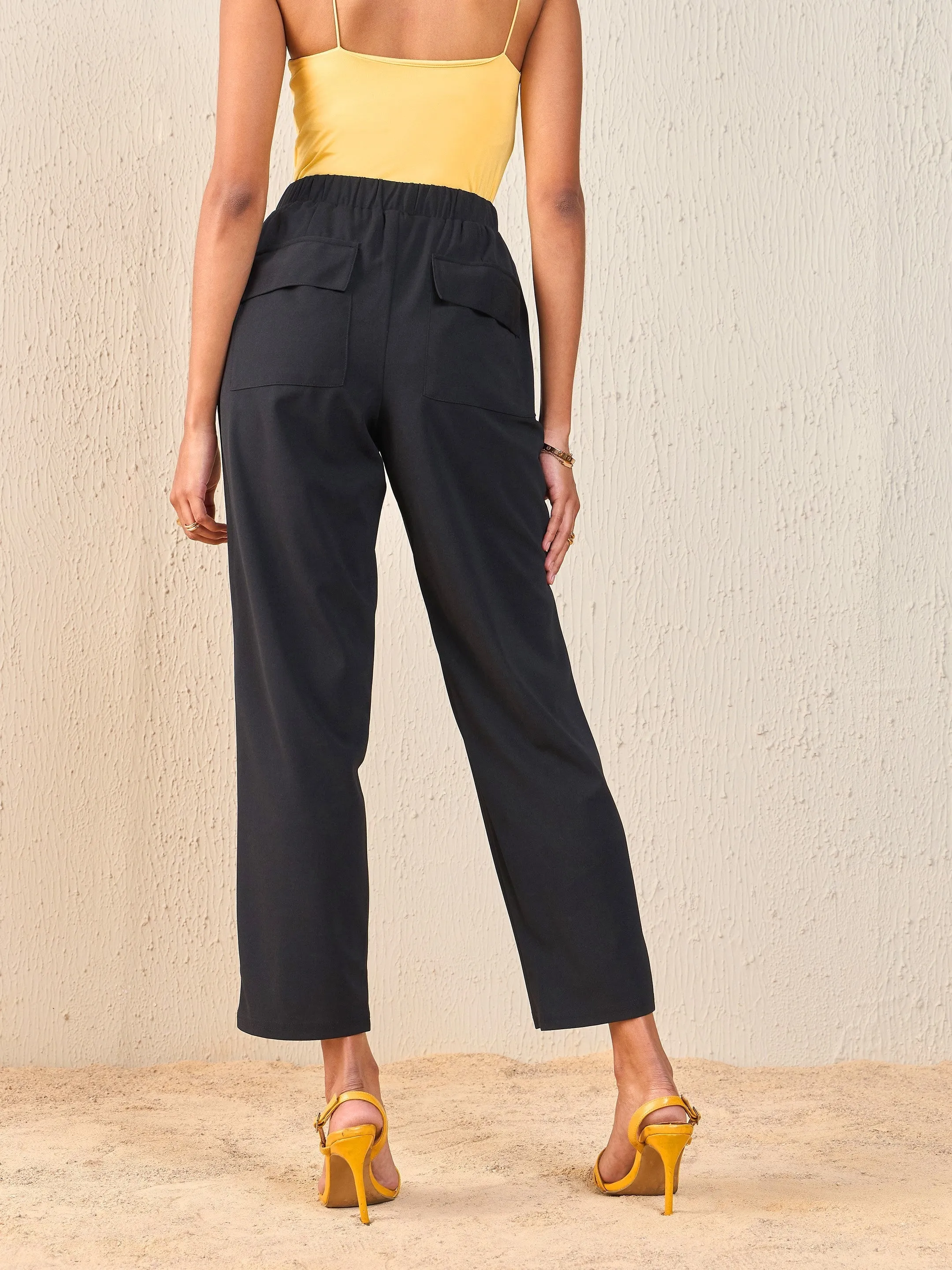 Women Black Back Flap Pocket Tapered Pants