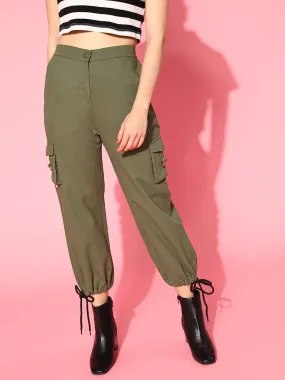 Women Olive Tie Hem Cargo Pants