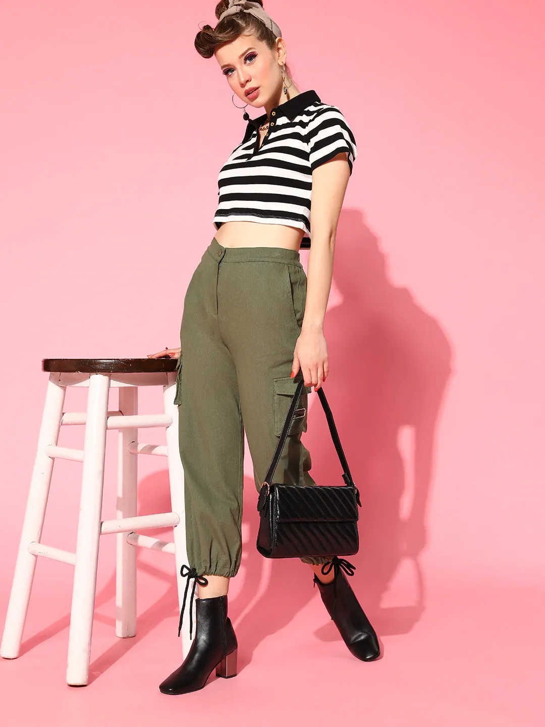 Women Olive Tie Hem Cargo Pants