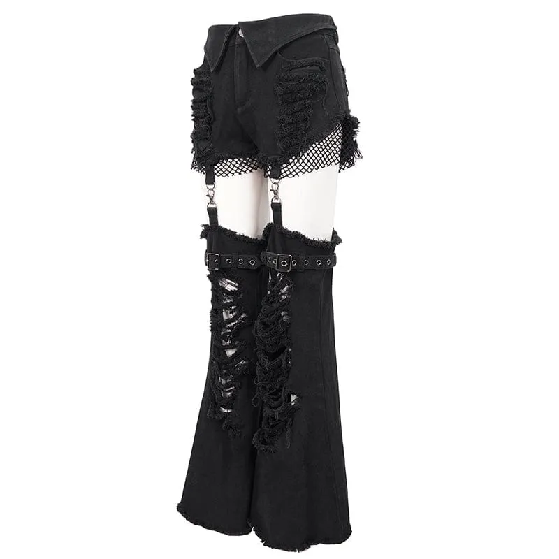 Women's Punk Detachable Mesh Splice Ripped Pants