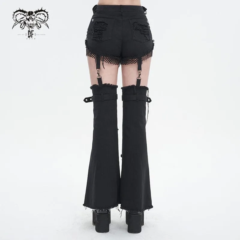 Women's Punk Detachable Mesh Splice Ripped Pants